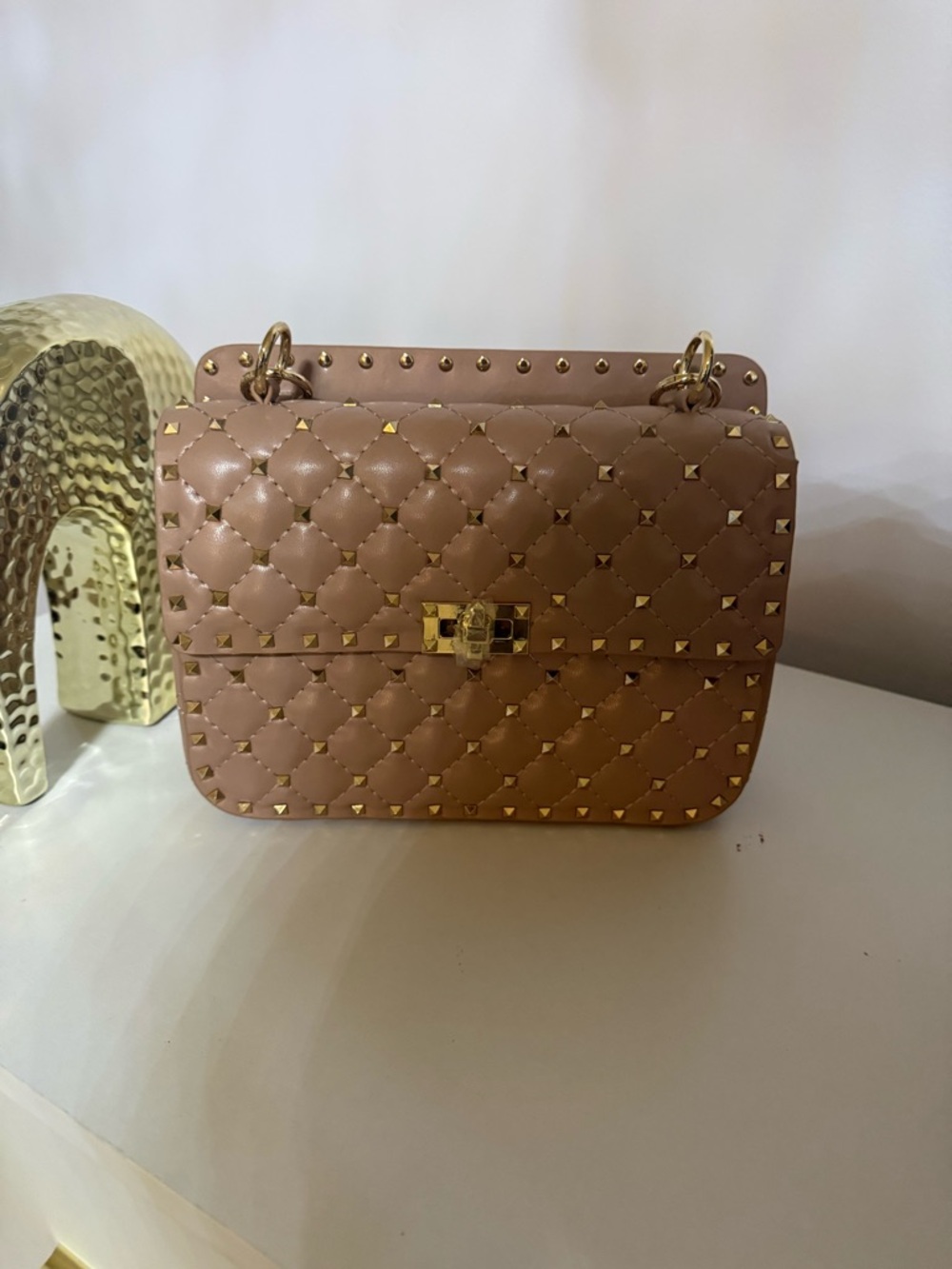 Quilted Studded Shoulder Bag in Taupe with Gold Hardware